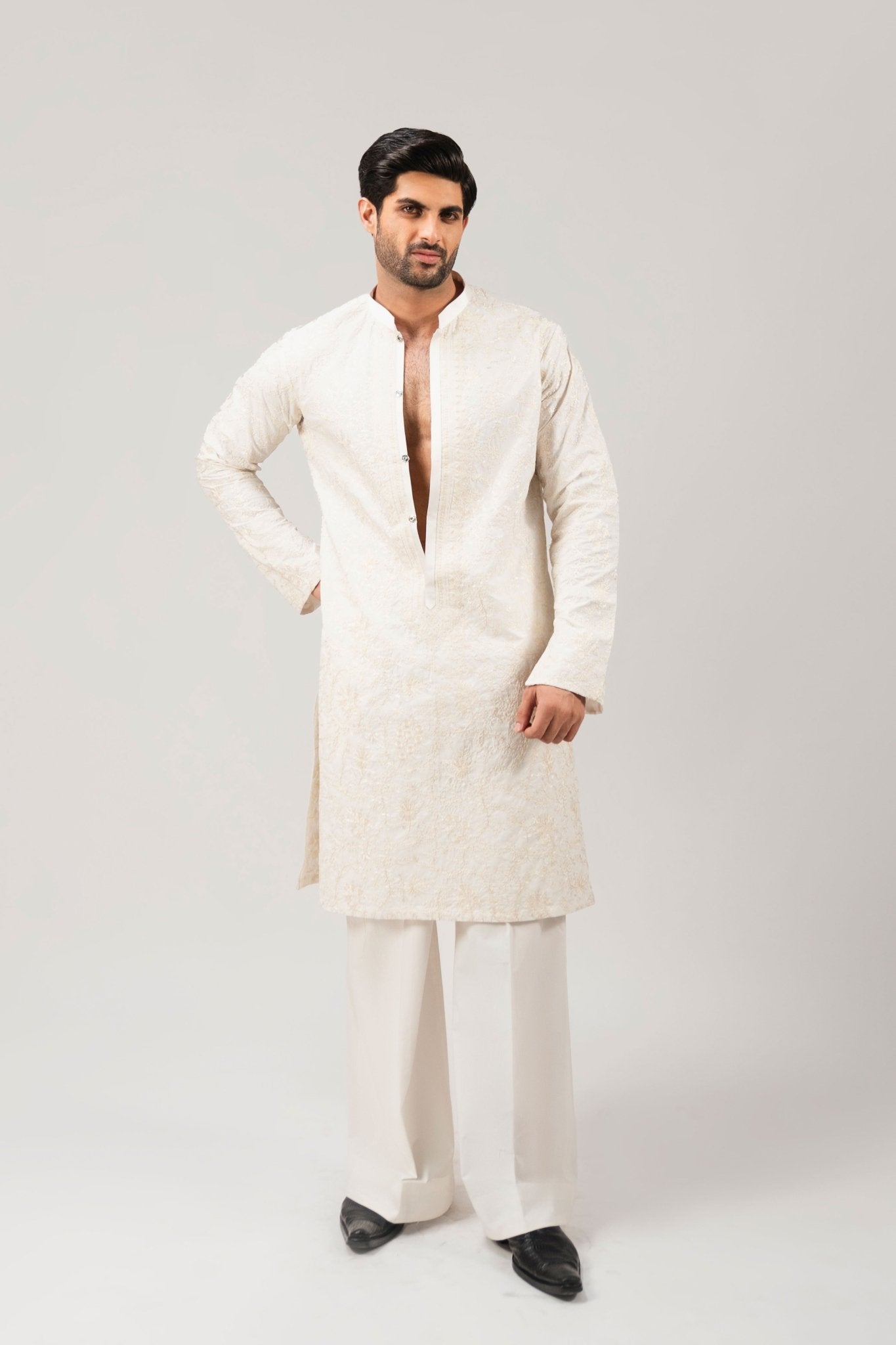 Cream Embroidered Cotton Kurta Set (3-Piece) - Image 7