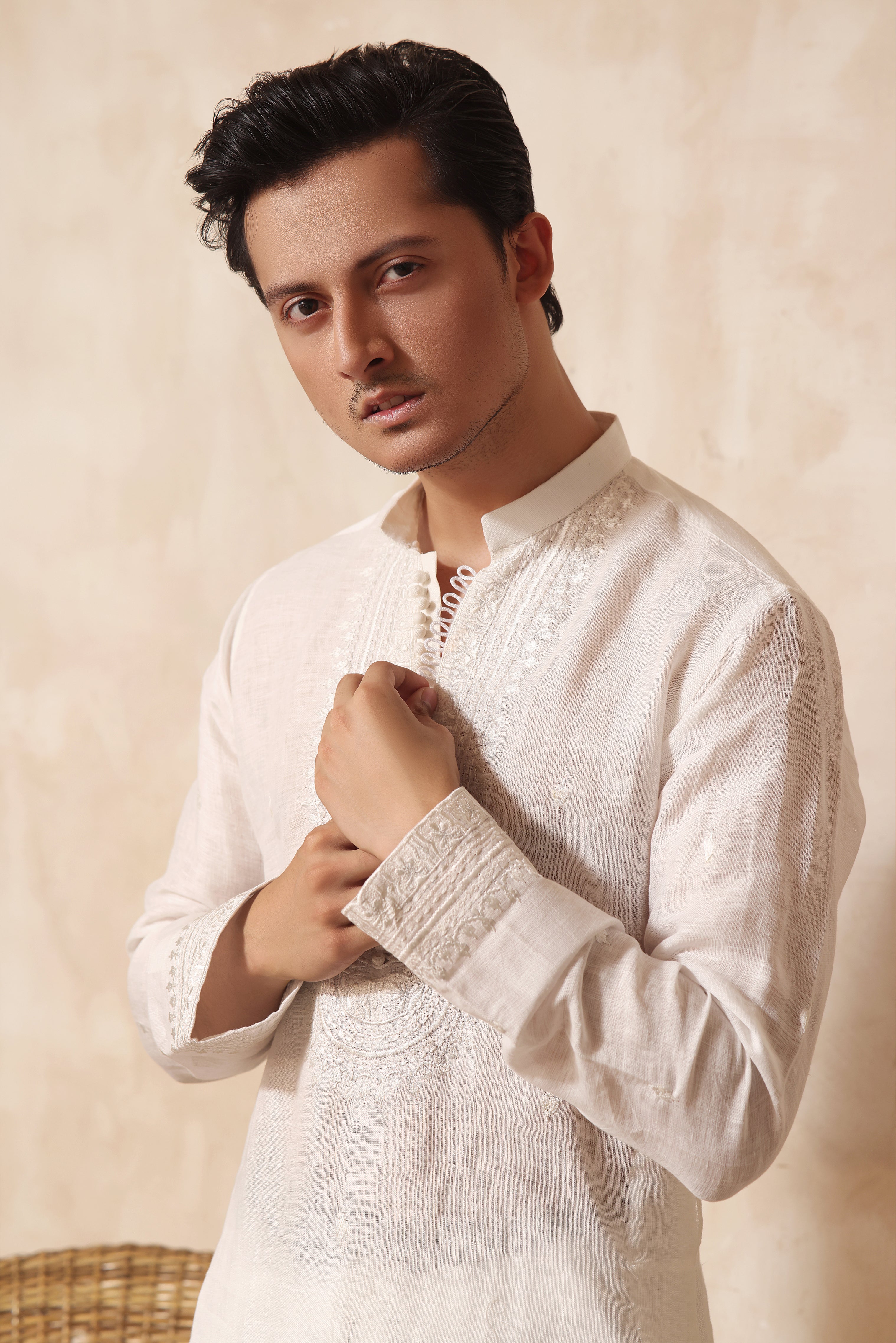 Off White Embroidered Cotton Irish Kurta Pajama (2-Piece) - Image 1
