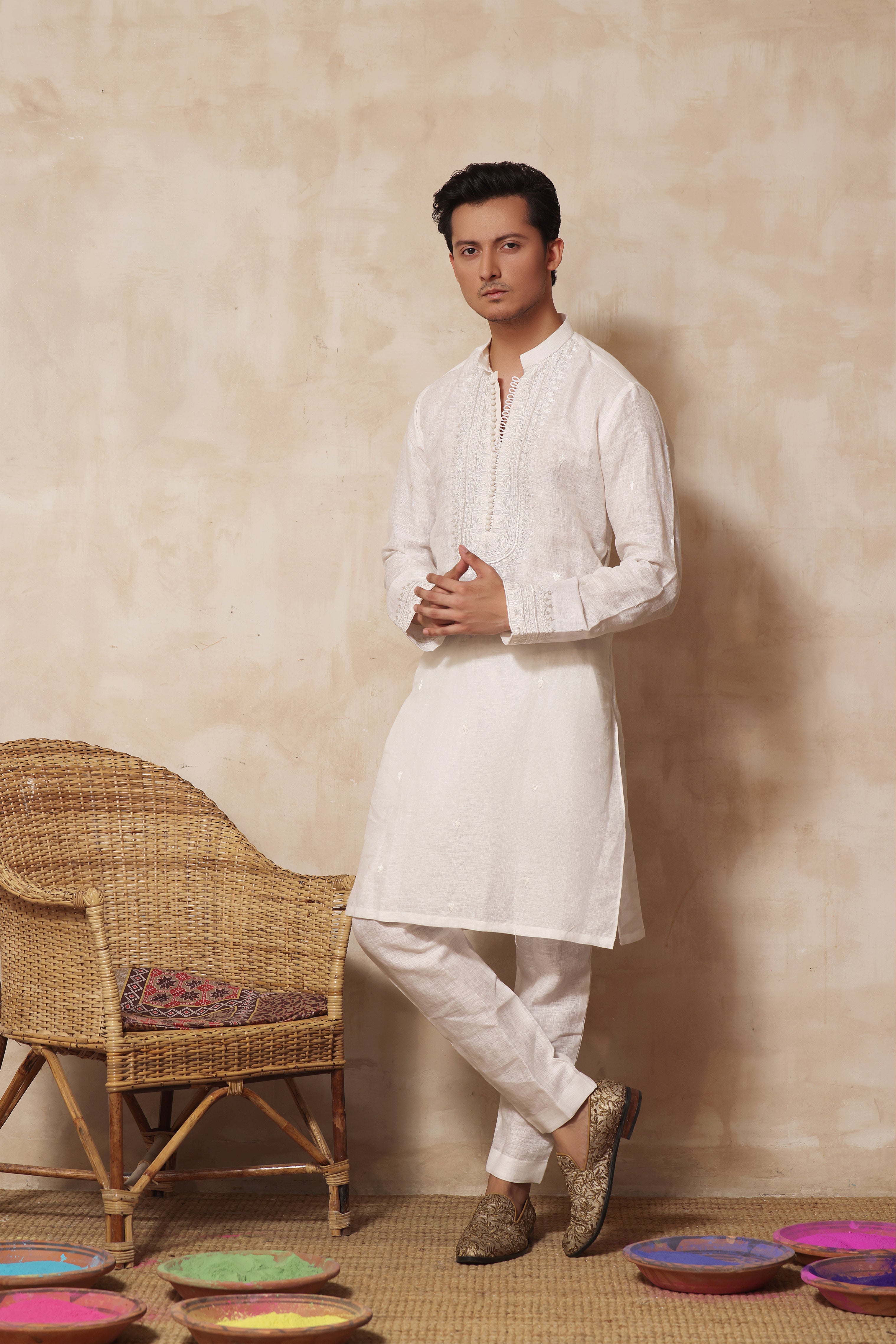 Off White Embroidered Cotton Irish Kurta Pajama (2-Piece) - Image 2