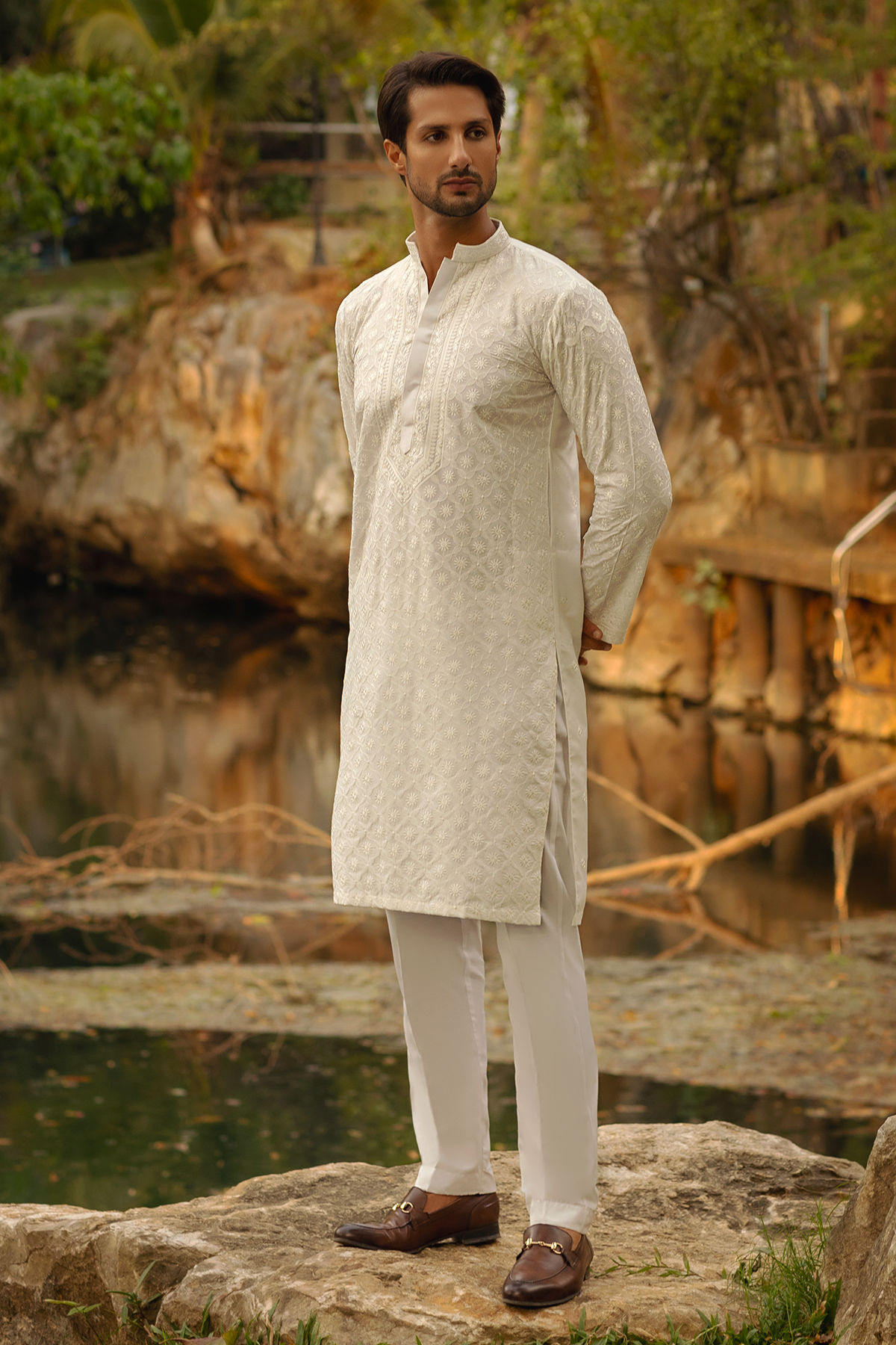 Off White Chikankari Cotton Net Kurta (2-Piece) - Image 1
