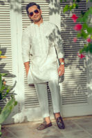 Ivory Self-Embroidered Cotton Net Kurta (2-Piece) - Image 2