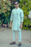 Ivory Self-Embroidered Cotton Net Kurta (2-Piece) - Image 3