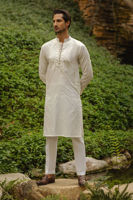Off White Zari Embroidered Cotton Net Kurta (2-Piece) - Image 2