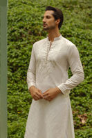 Off White Zari Embroidered Cotton Net Kurta (2-Piece) - Image 3