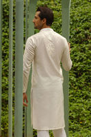 Off White Zari Embroidered Cotton Net Kurta (2-Piece) - Image 4