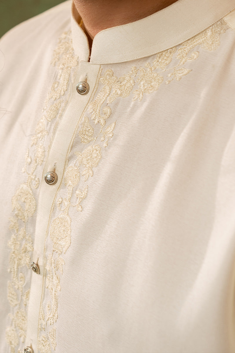 Off-White Embroidered Brocade Kurta Set (2-Piece) - Image 4