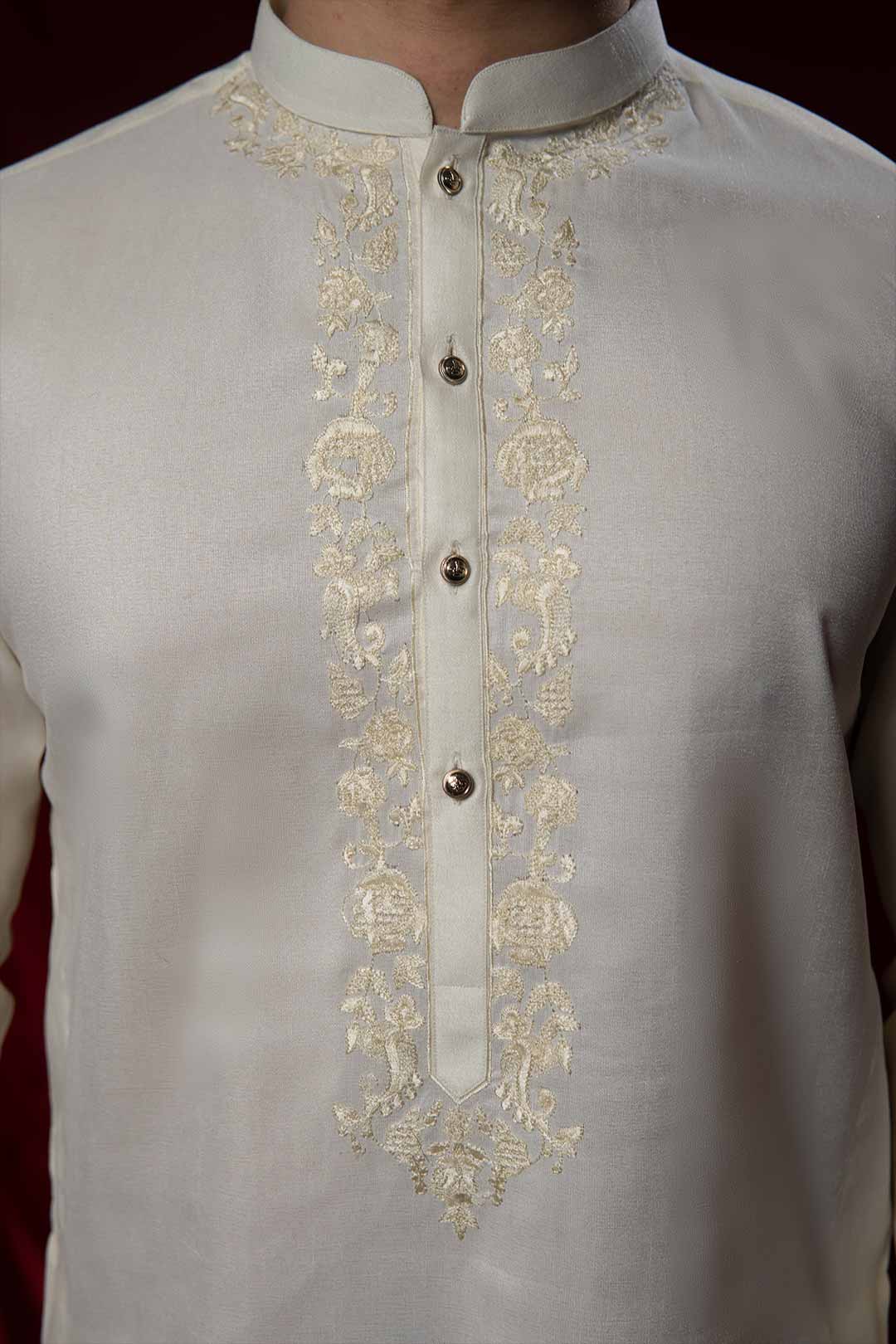 Off-White Embroidered Brocade Kurta Set (2-Piece) - Image 6