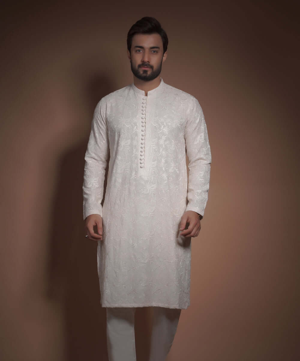 Ivory Chikankari Cotton-Silk Kurta & Pyjama (2-Piece) - Image 1