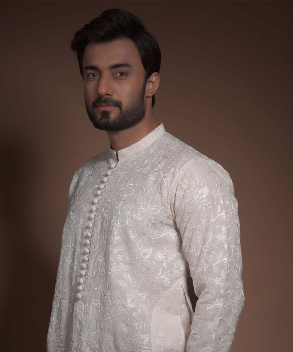 Ivory Chikankari Cotton-Silk Kurta & Pyjama (2-Piece) - Image 2