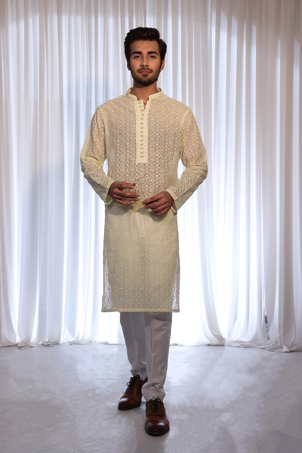 Cornsilk Geometric Embroidered Cotton-Silk Kurta (2-Piece) - Image 1