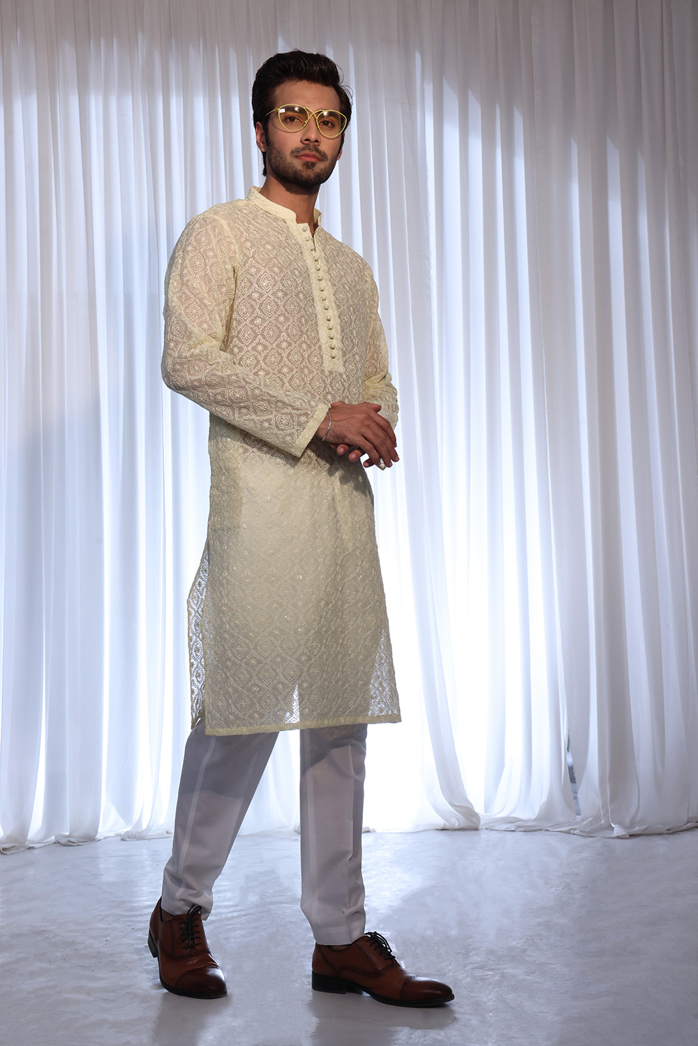 Cornsilk Geometric Embroidered Cotton-Silk Kurta (2-Piece) - Image 2