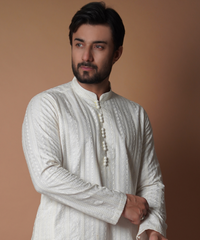 Off-White Tone-on-Tone Embroidered Cotton-Silk Kurta (2-Piece) - Image 3