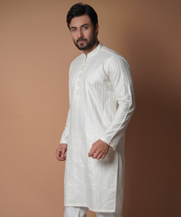 Off-White Tone-on-Tone Embroidered Cotton-Silk Kurta (2-Piece) - Image 5