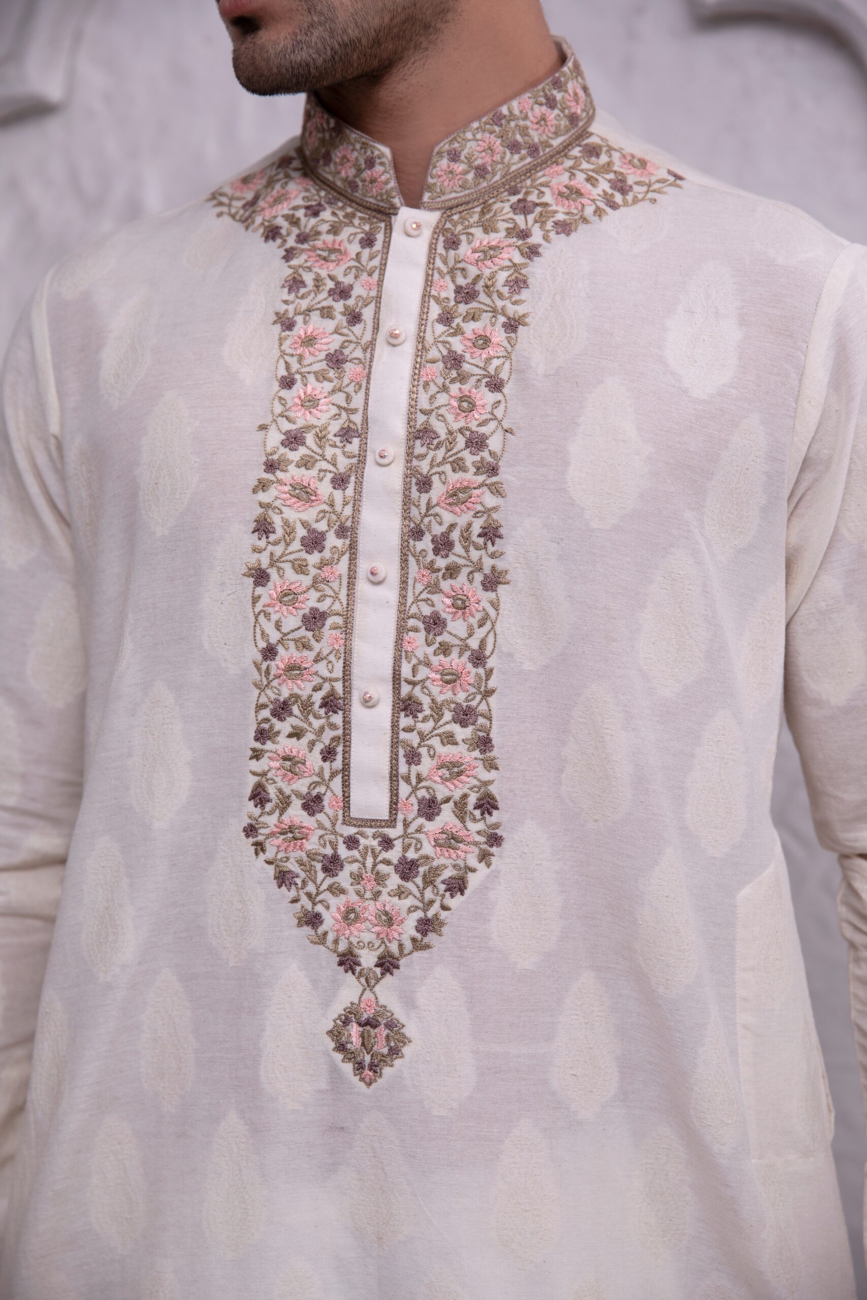 Off-White Hand Embroidered Cotton-Silk Kurta (2-Piece) - Image 2