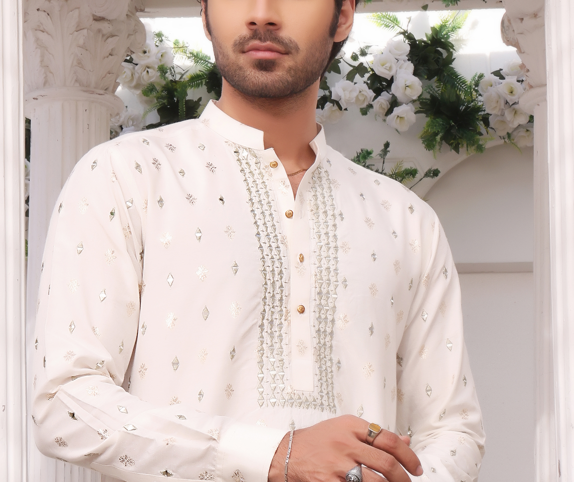Ivory Mirror Embroidered Cotton Silk Kurta (2-Piece) - Image 4