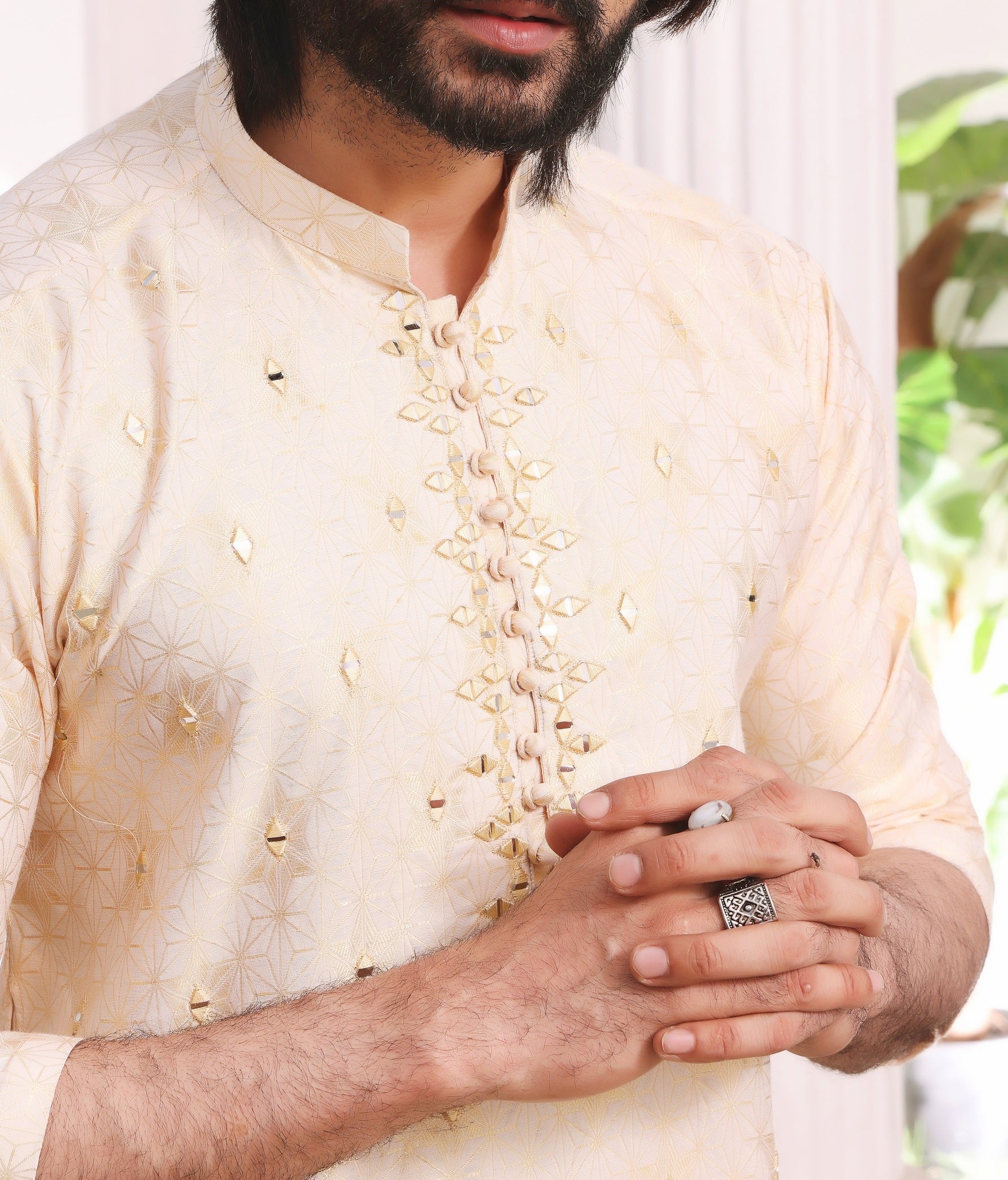 Ivory Gold Mirror Embroidered Cotton Silk Kurta Pajama (2-Piece) - Image 3