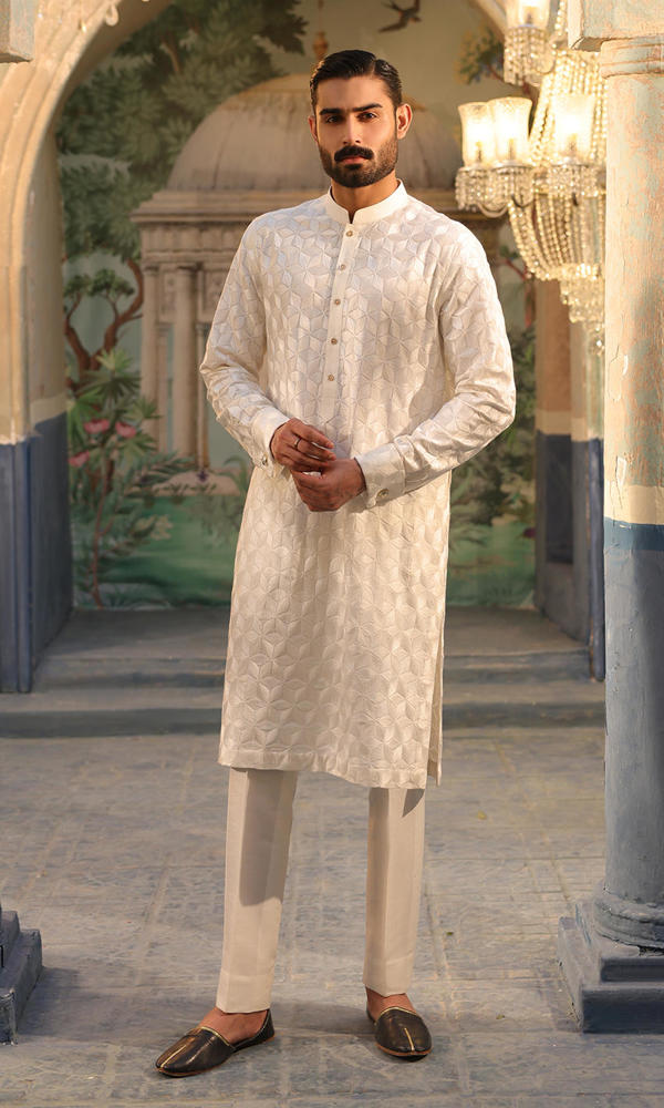 White Self-Embroidered Cotton-Silk Kurta (2-Piece) - Image 2