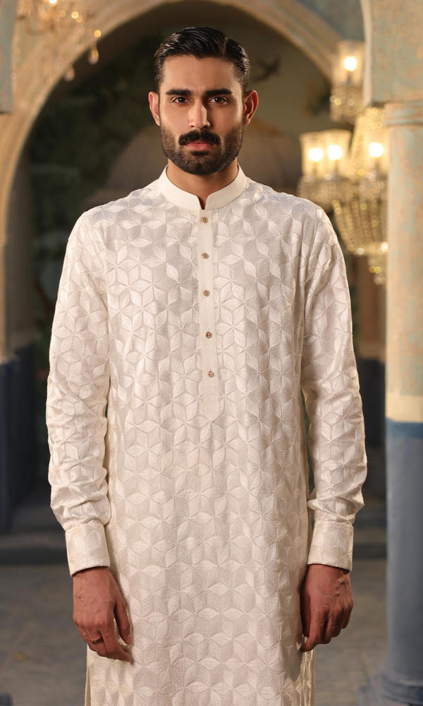 White Self-Embroidered Cotton-Silk Kurta (2-Piece) - Image 3