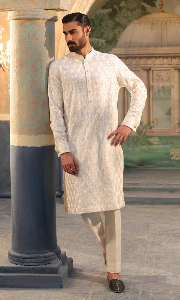 White Self-Embroidered Cotton-Silk Kurta (2-Piece) - Image 4