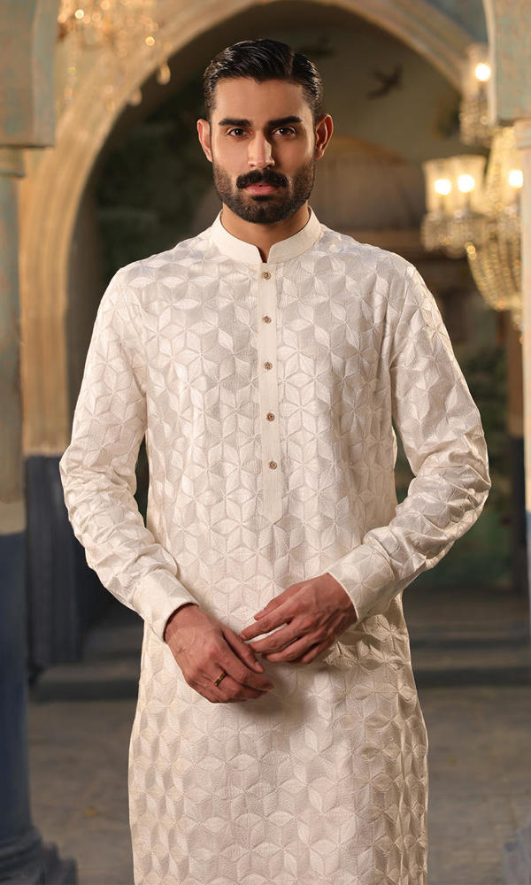 White Self-Embroidered Cotton-Silk Kurta (2-Piece) - Image 6