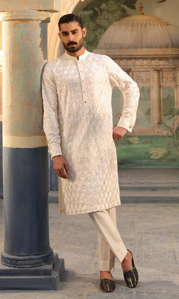 White Self-Embroidered Cotton-Silk Kurta (2-Piece) - Image 7