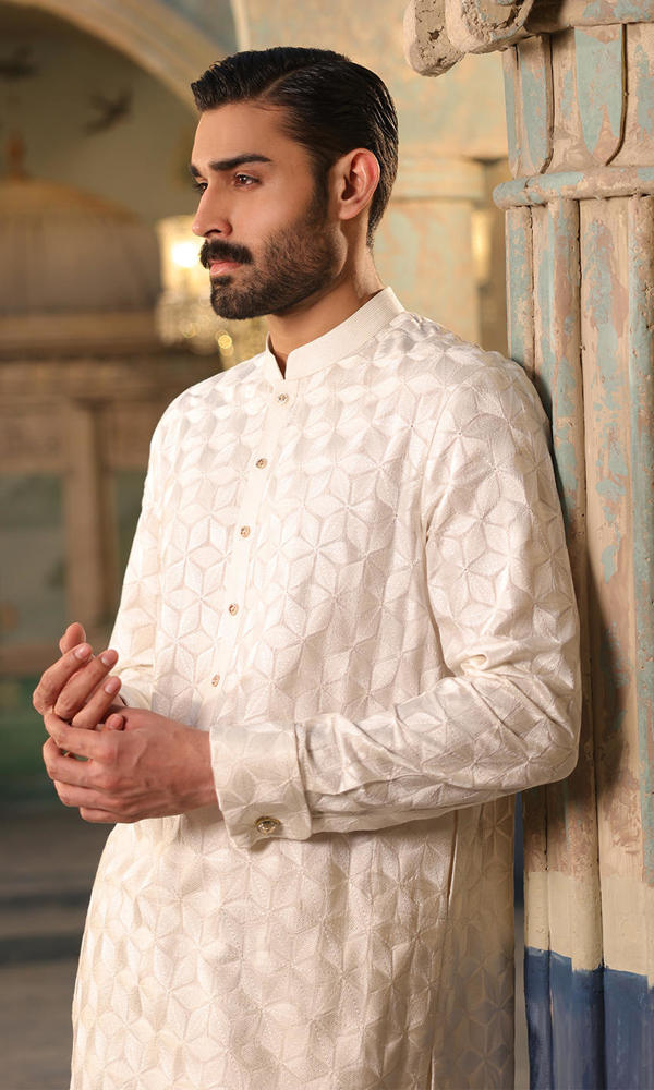 White Self-Embroidered Cotton-Silk Kurta (2-Piece) - Image 8