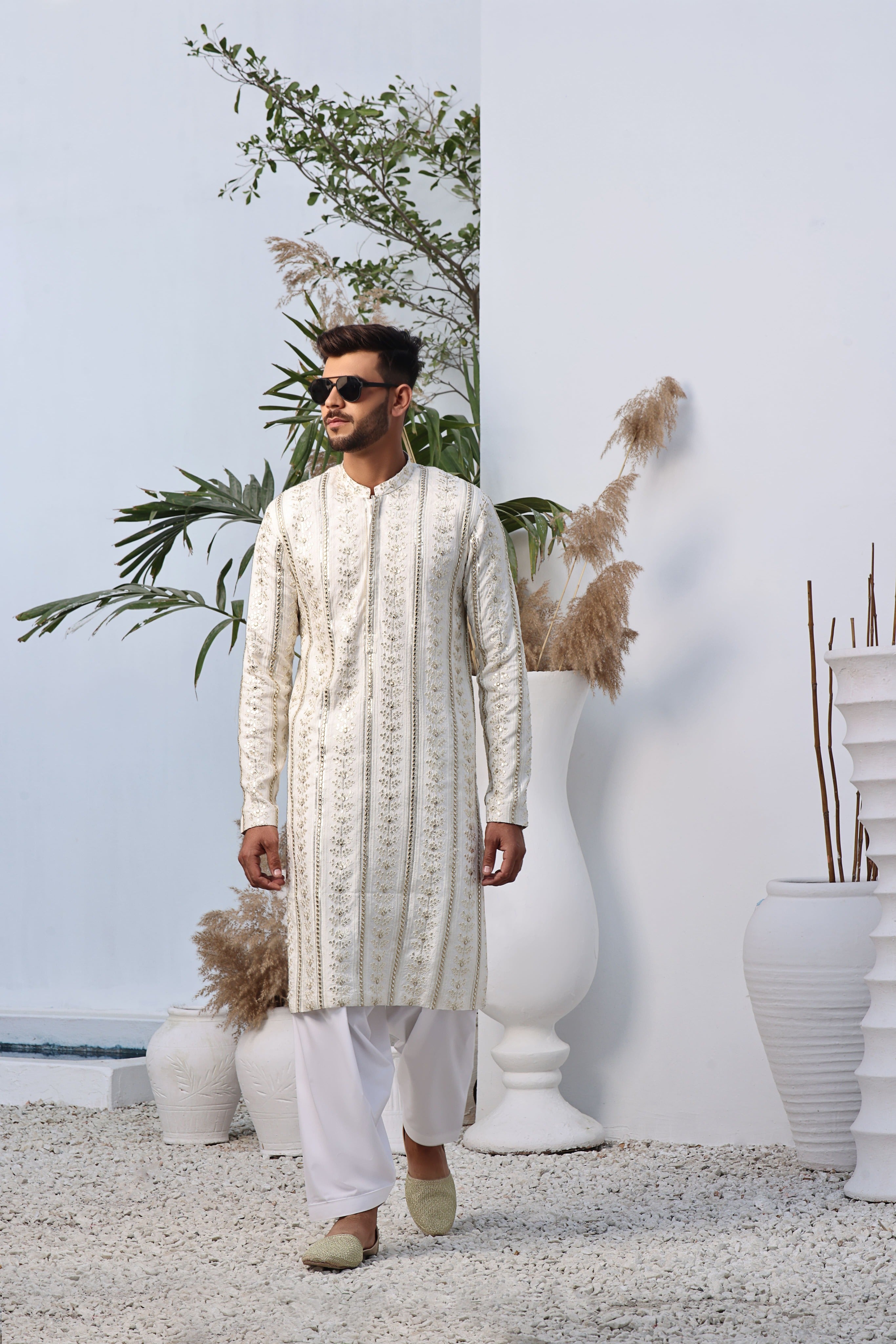 Off-White Sequin Embroidered Cotton Silk Kurta (2-Piece) - Image 1
