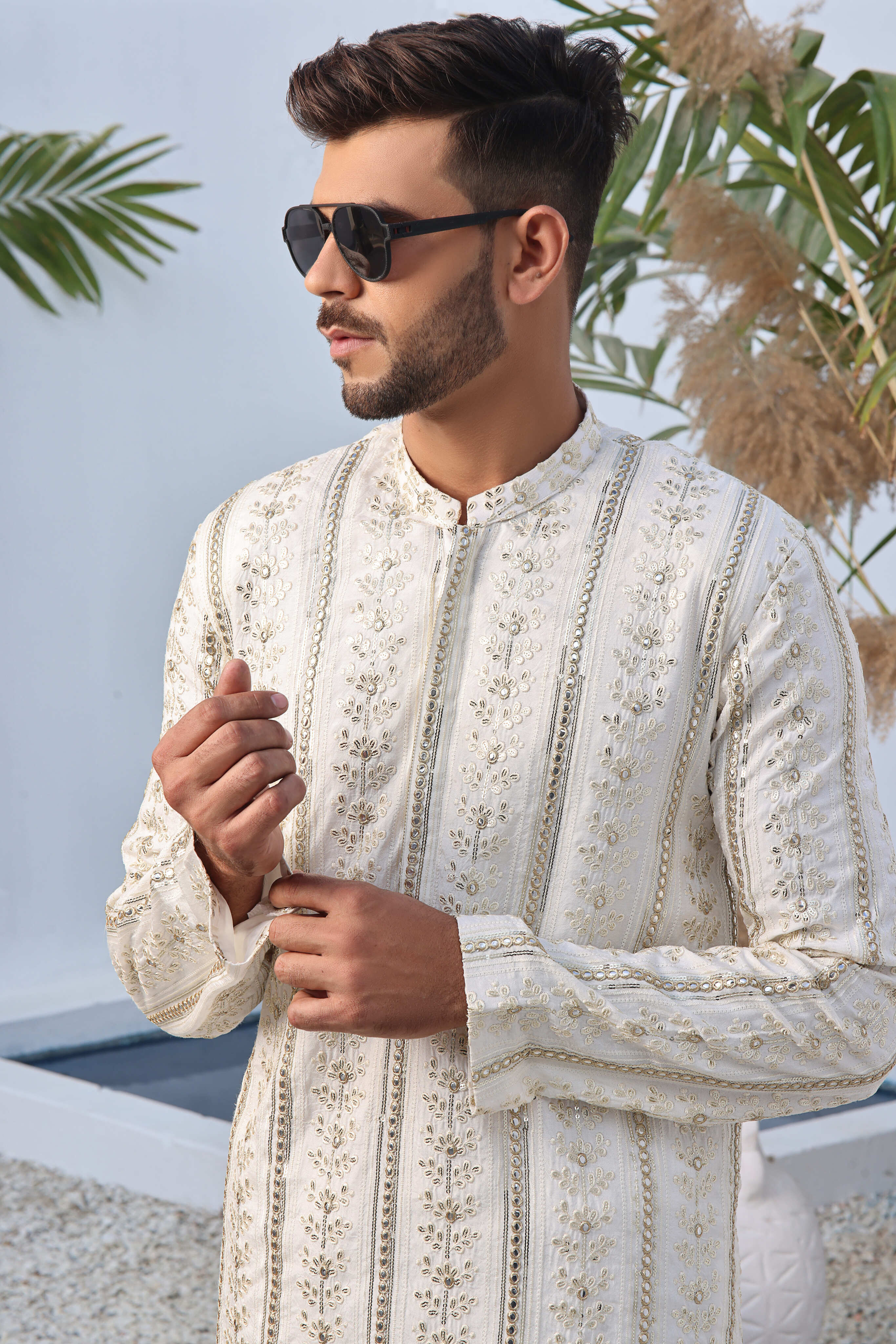 Off-White Sequin Embroidered Cotton Silk Kurta (2-Piece) - Image 2