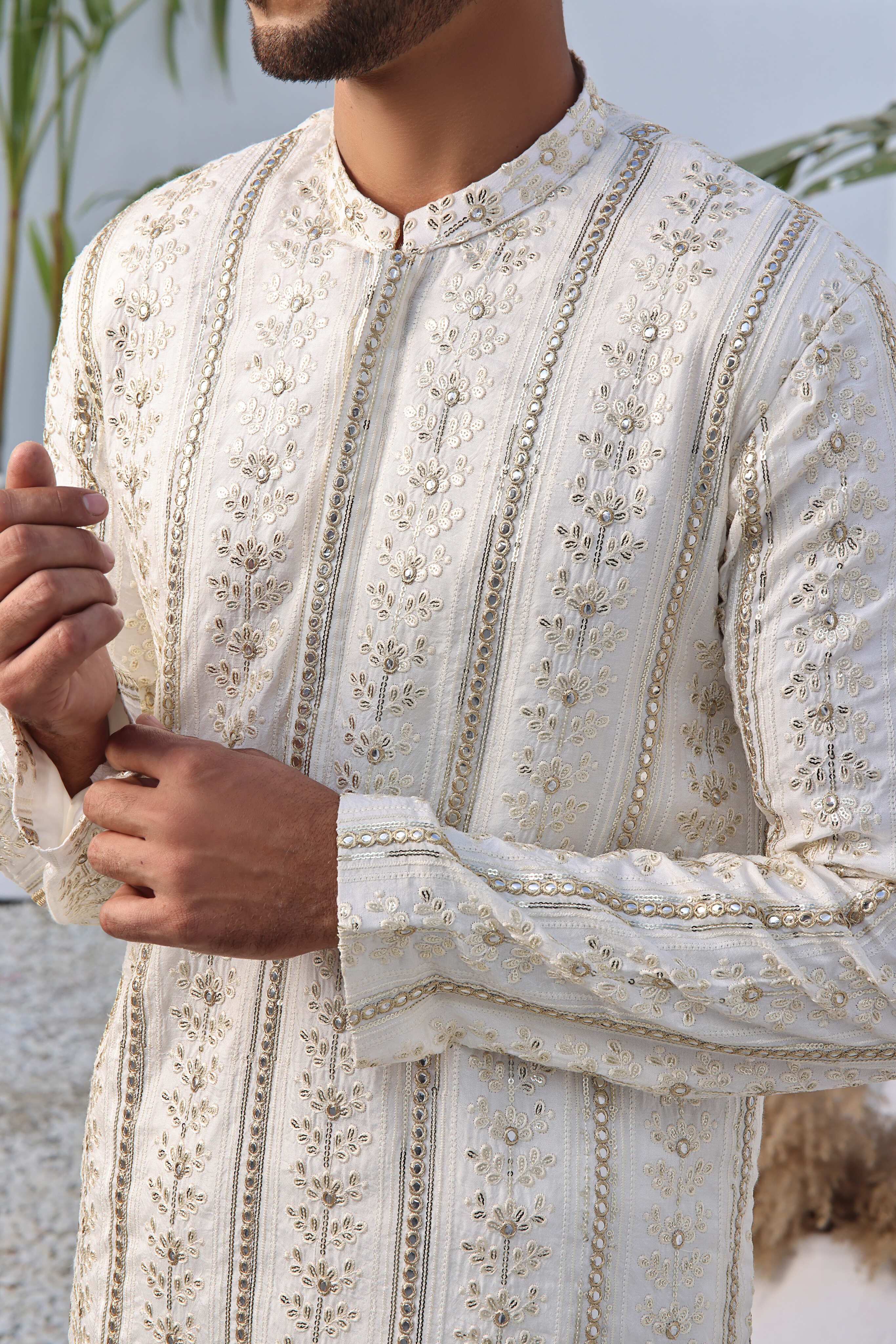 Off-White Sequin Embroidered Cotton Silk Kurta (2-Piece) - Image 3