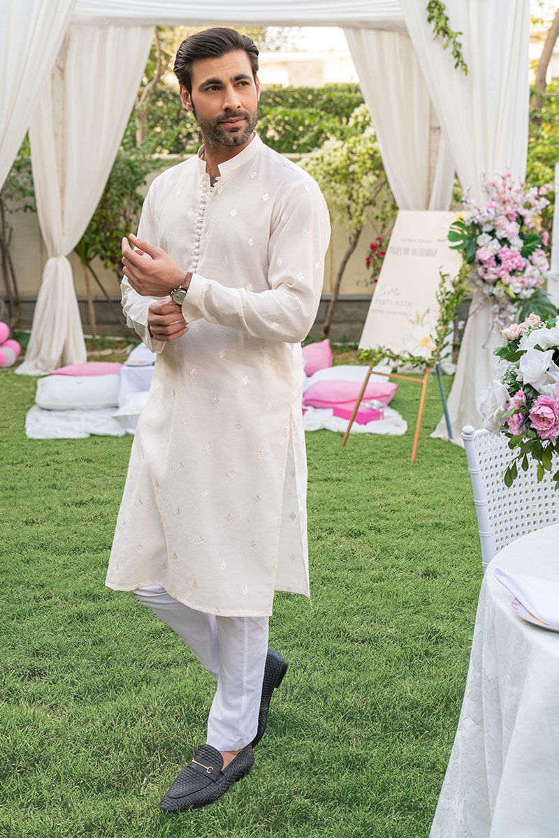 Ivory Embroidered Cotton-Silk Kurta (2-Piece) - Image 1