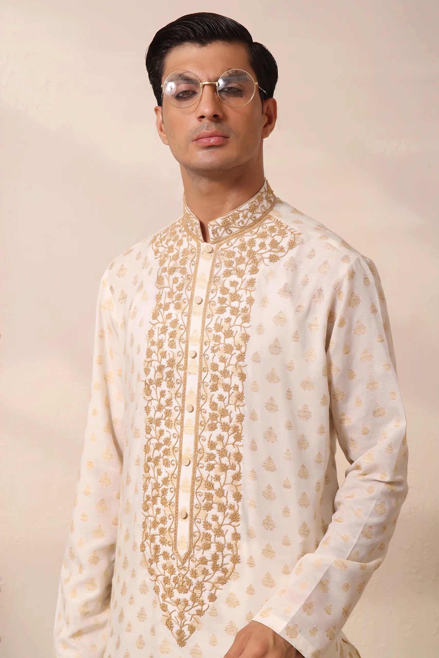Ivory Gold Embroidered Cotton-Silk Kurta (2-Piece) - Image 1