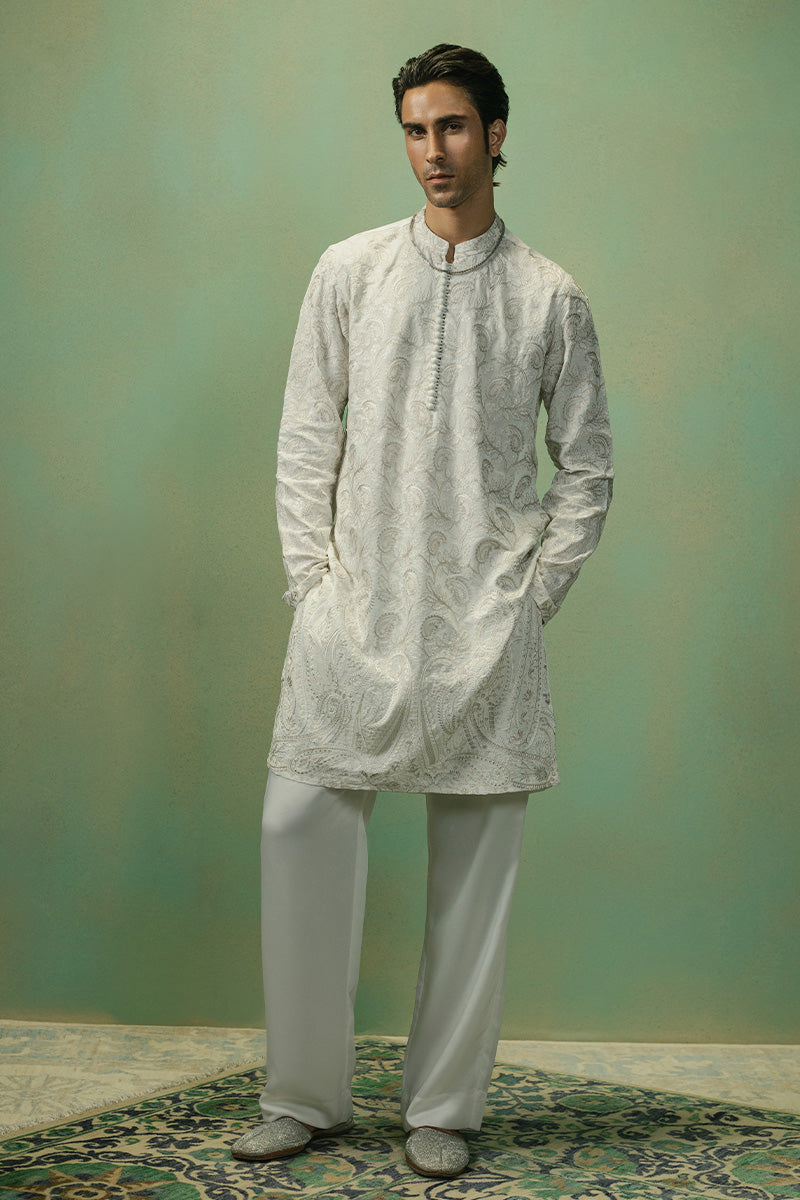 Teal Paisley Tilla-Embroidered Cotton-Silk Kurta (2-Piece) - Image 2