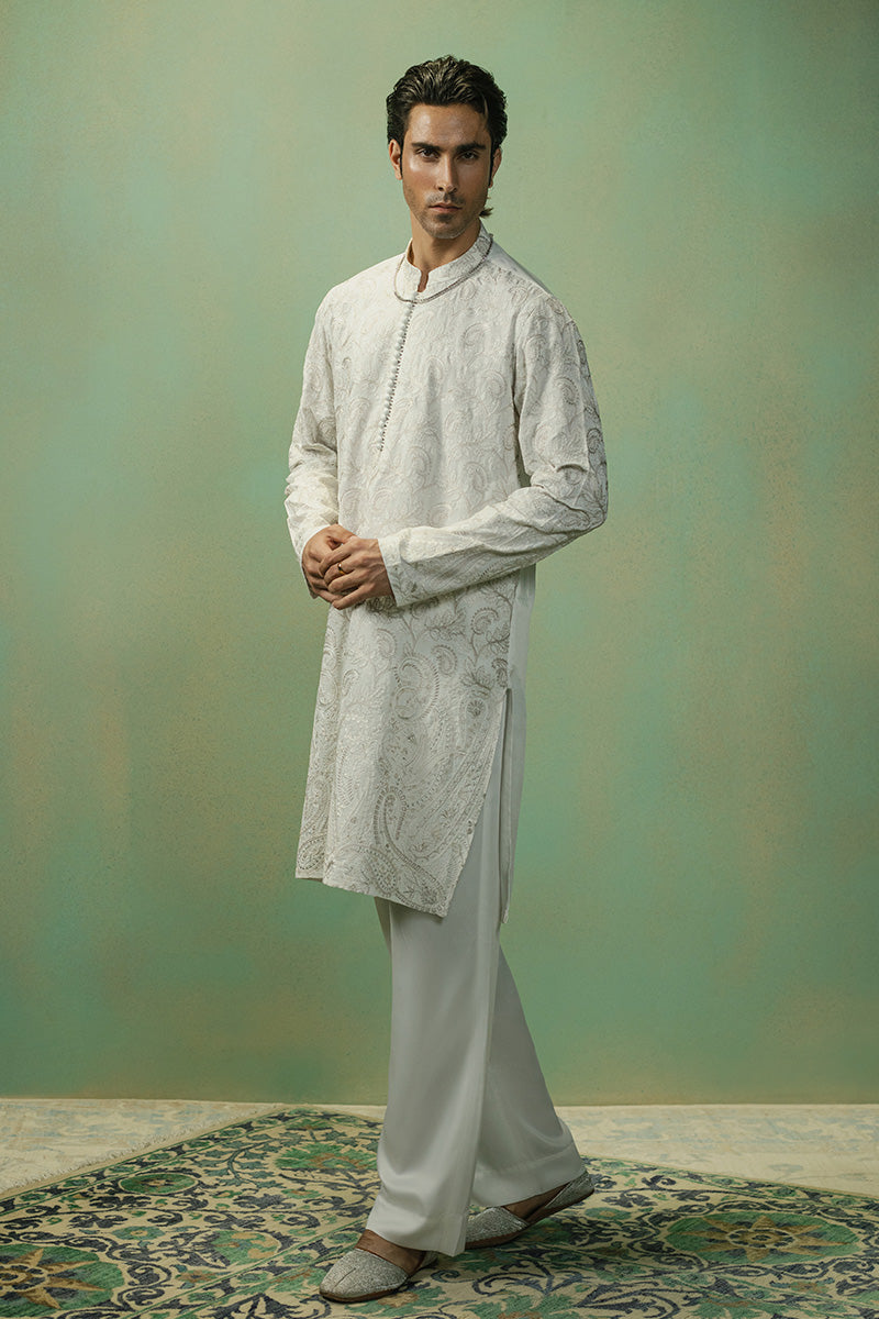 Teal Paisley Tilla-Embroidered Cotton-Silk Kurta (2-Piece) - Image 4