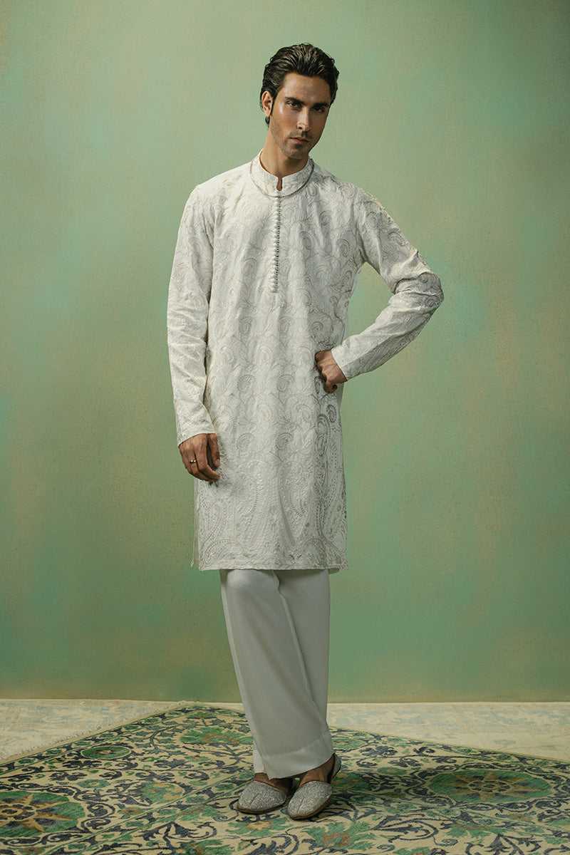Teal Paisley Tilla-Embroidered Cotton-Silk Kurta (2-Piece) - Image 6