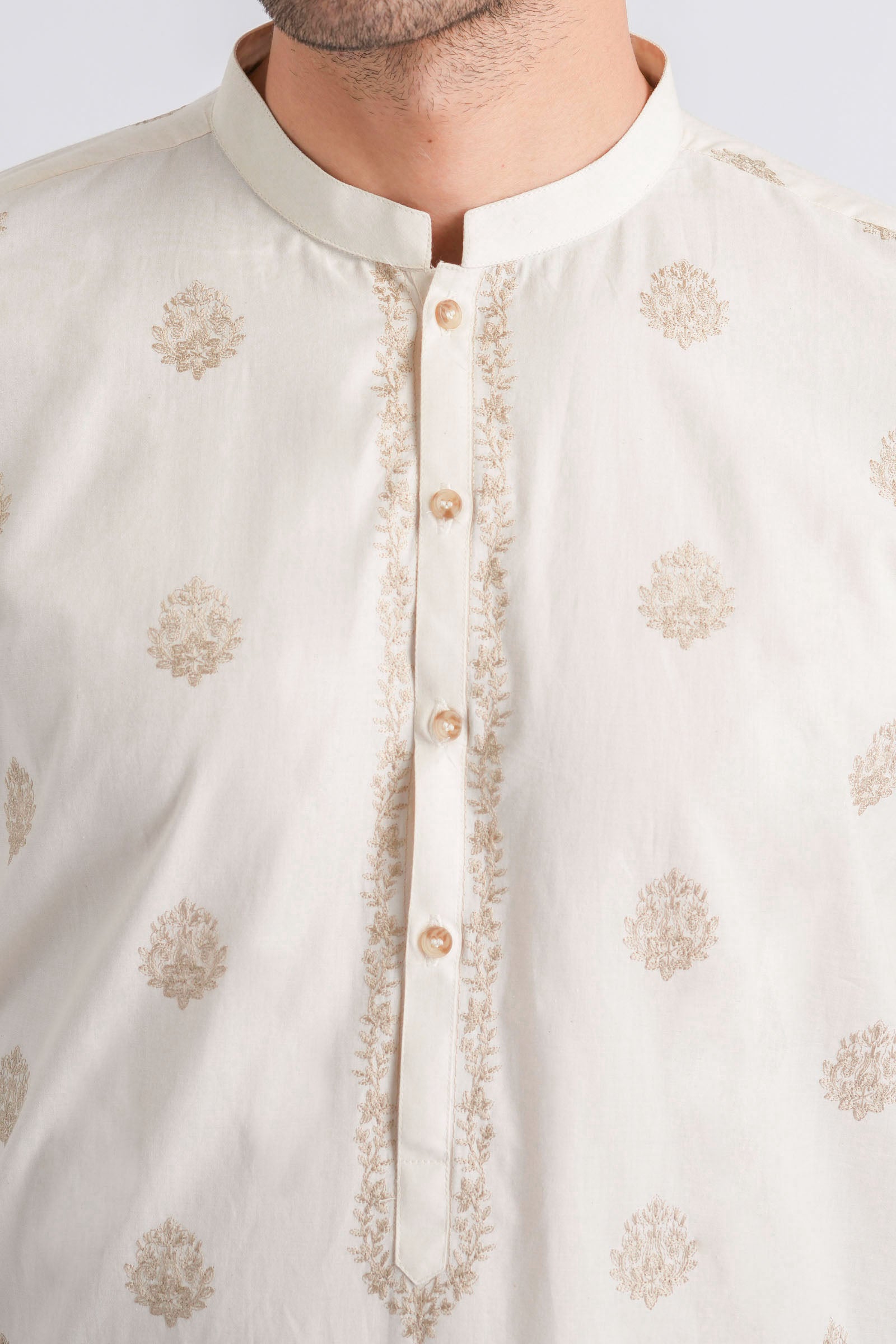 Off-White Embroidered Egyptian Cotton Kurta (2-Piece) - Image 2