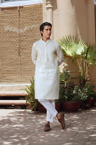 Cream Embroidered Egyptian Cotton Kurta (2-Piece) - Image 2