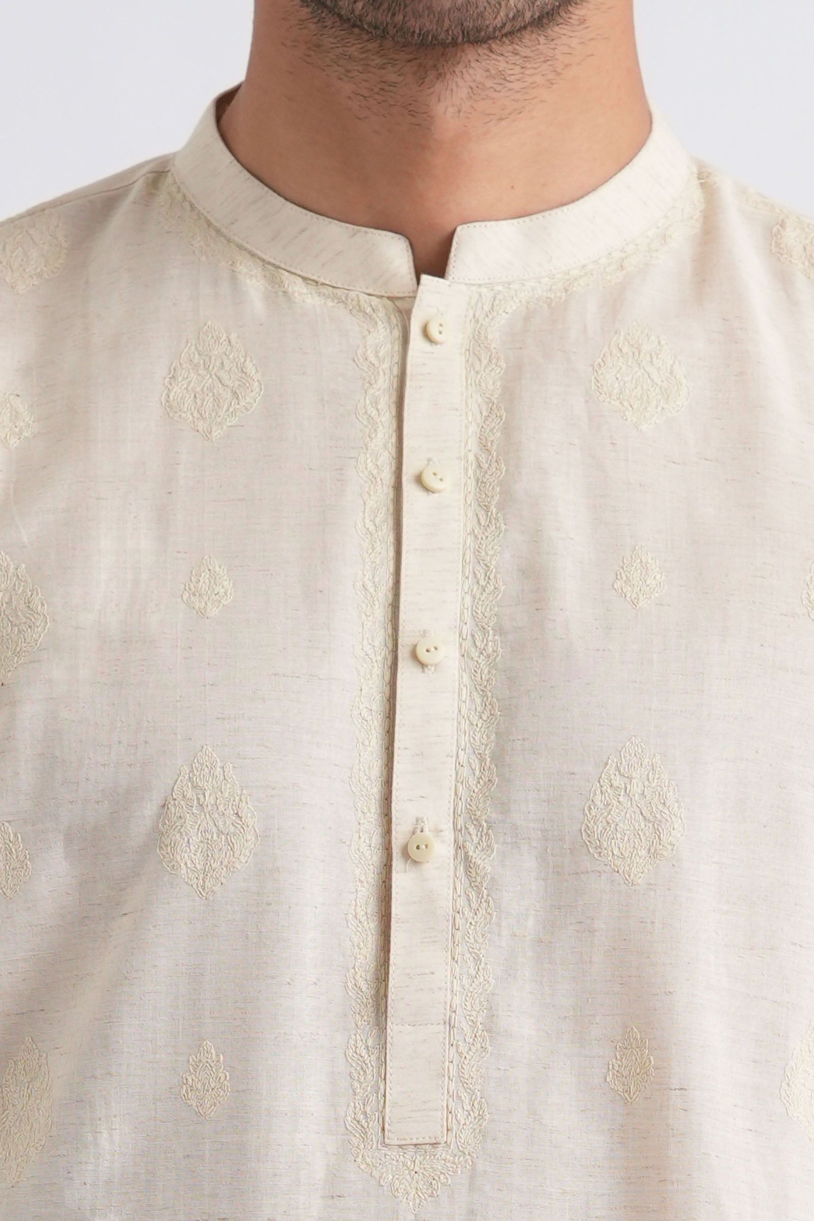 Off-White Embroidered Egyptian Cotton Kurta (2-Piece) - Image 2