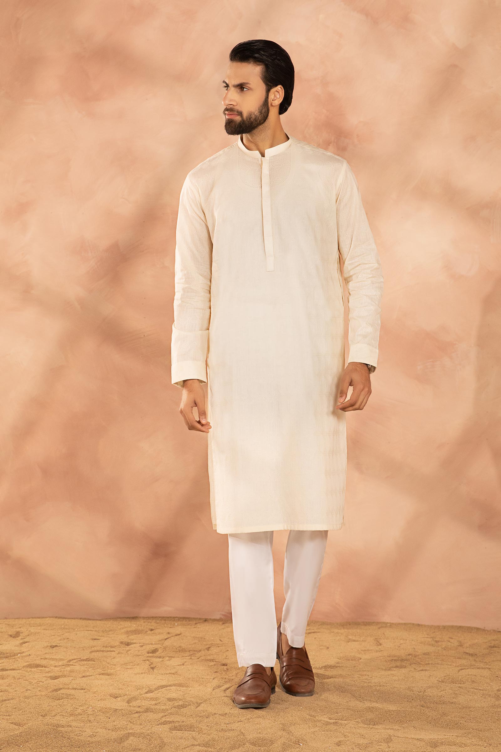 Off-White Embroidered Cotton Ban Neck Kurta (2-Piece) - Image 2