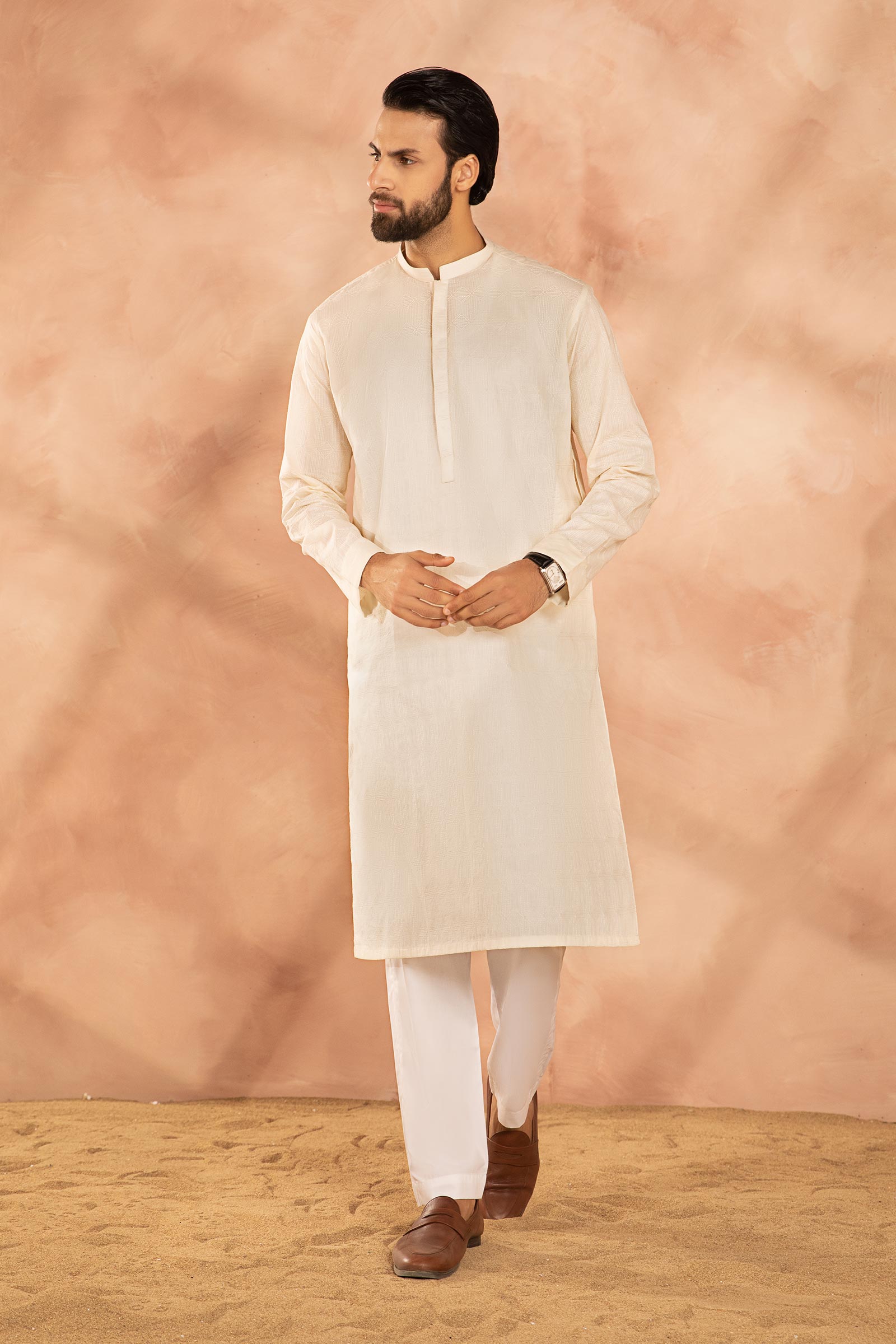 Off-White Embroidered Cotton Ban Neck Kurta (2-Piece) - Image 3