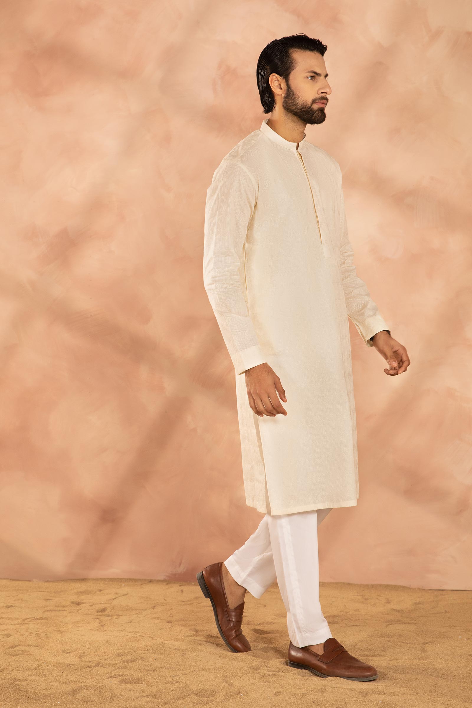 Off-White Embroidered Cotton Ban Neck Kurta (2-Piece) - Image 4