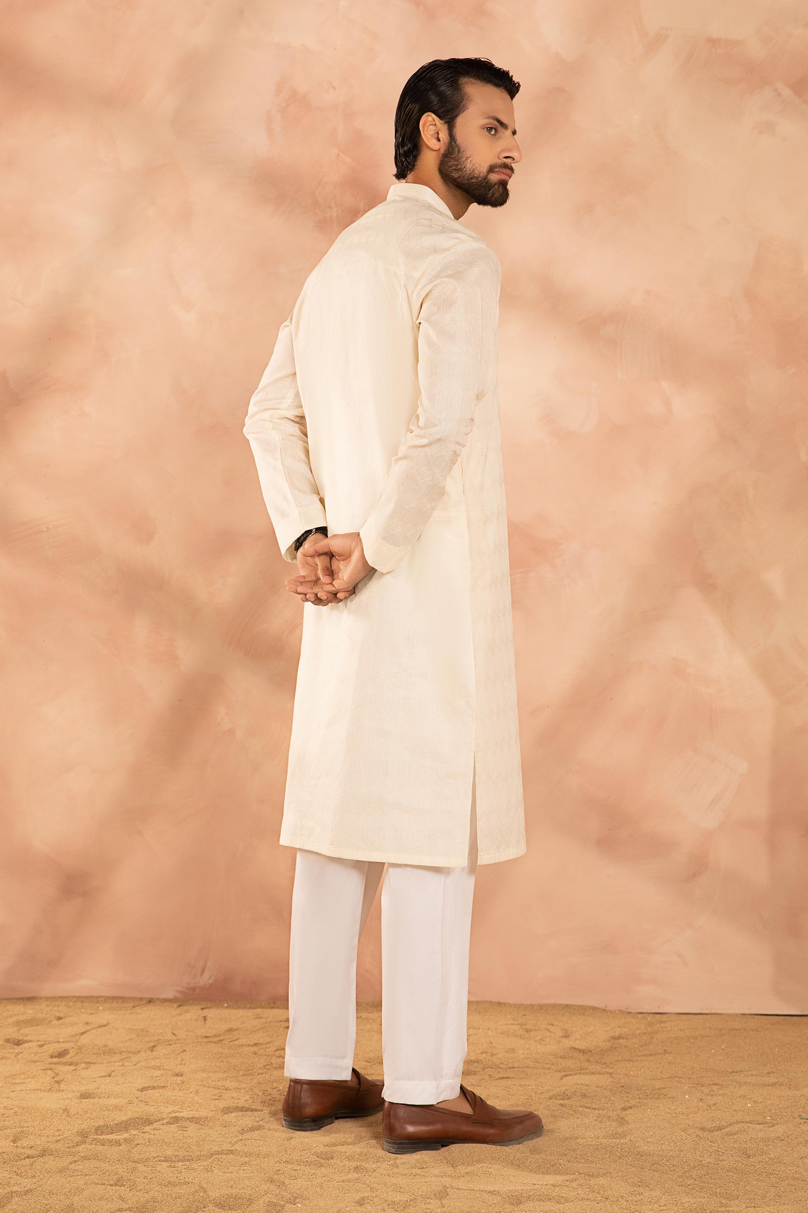 Off-White Embroidered Cotton Ban Neck Kurta (2-Piece) - Image 5