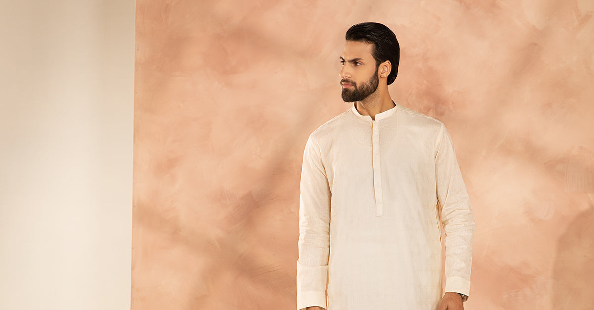 Off-White Embroidered Cotton Ban Neck Kurta (2-Piece) - Image 6