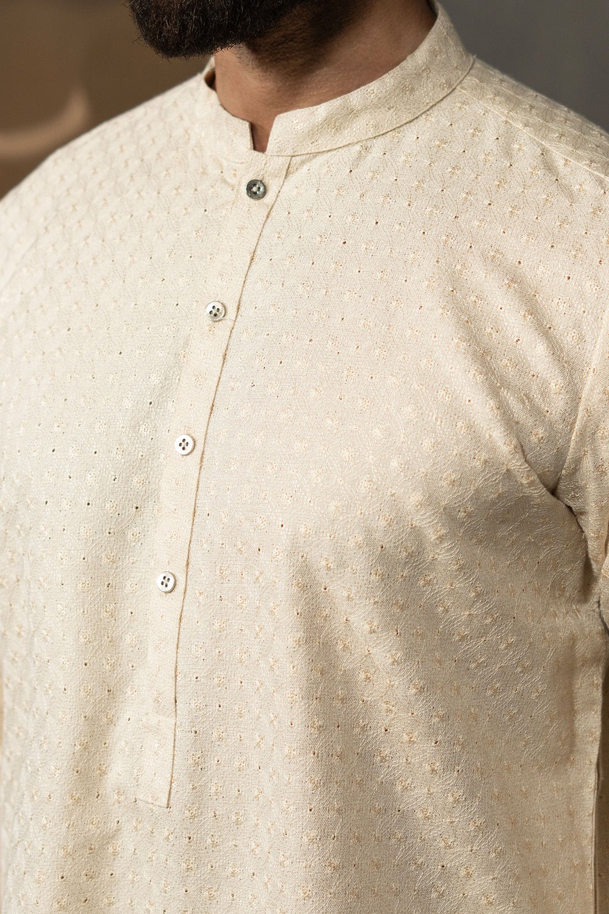 Off-White Embroidered Handloom Kurta (1-Pc) - Image 1