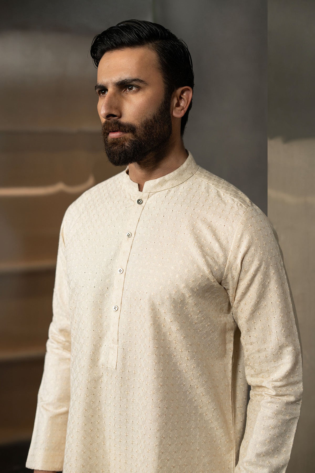 Off-White Embroidered Handloom Kurta (1-Pc) - Image 2