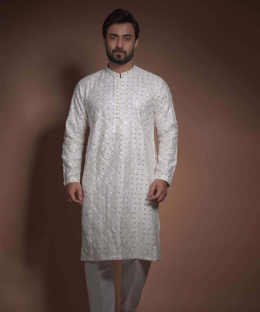 Off-White Mirror Work Cotton Kurta (2-Piece) - Image 1