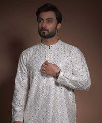 Off-White Mirror Work Cotton Kurta (2-Piece) - Image 3