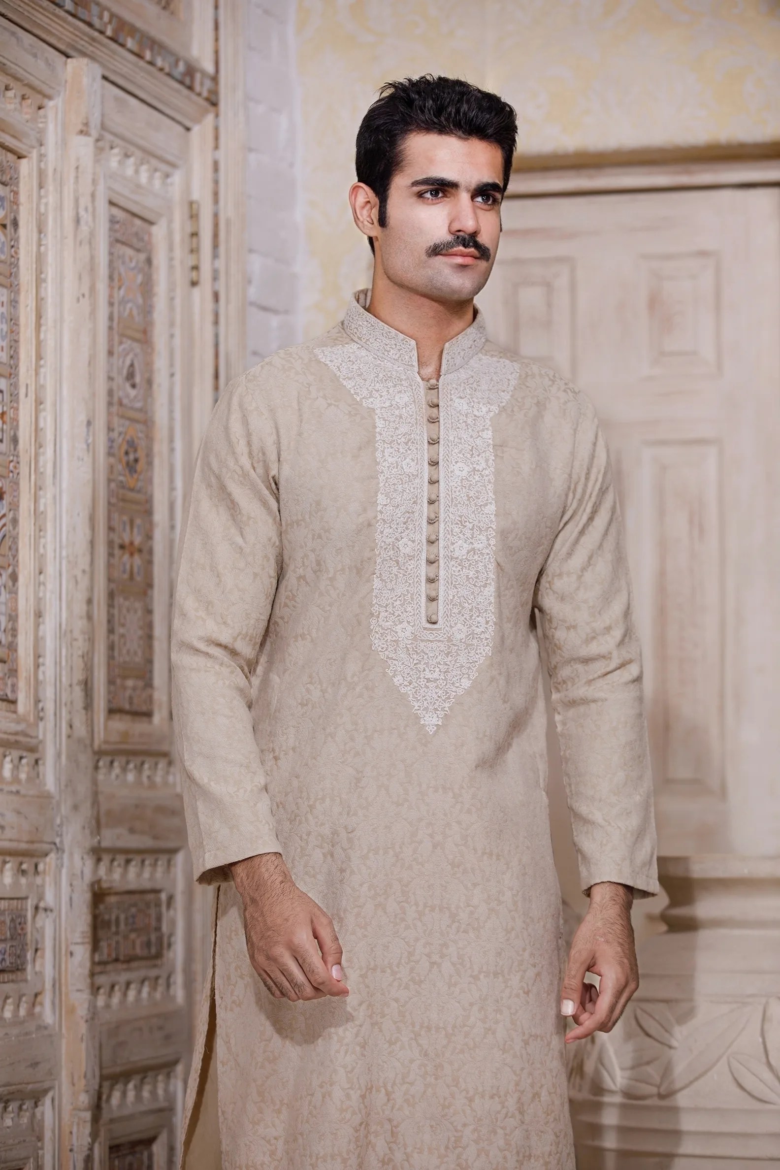 Off-White Embroidered Handwoven Karandi Kurta (2-Piece) - Image 1