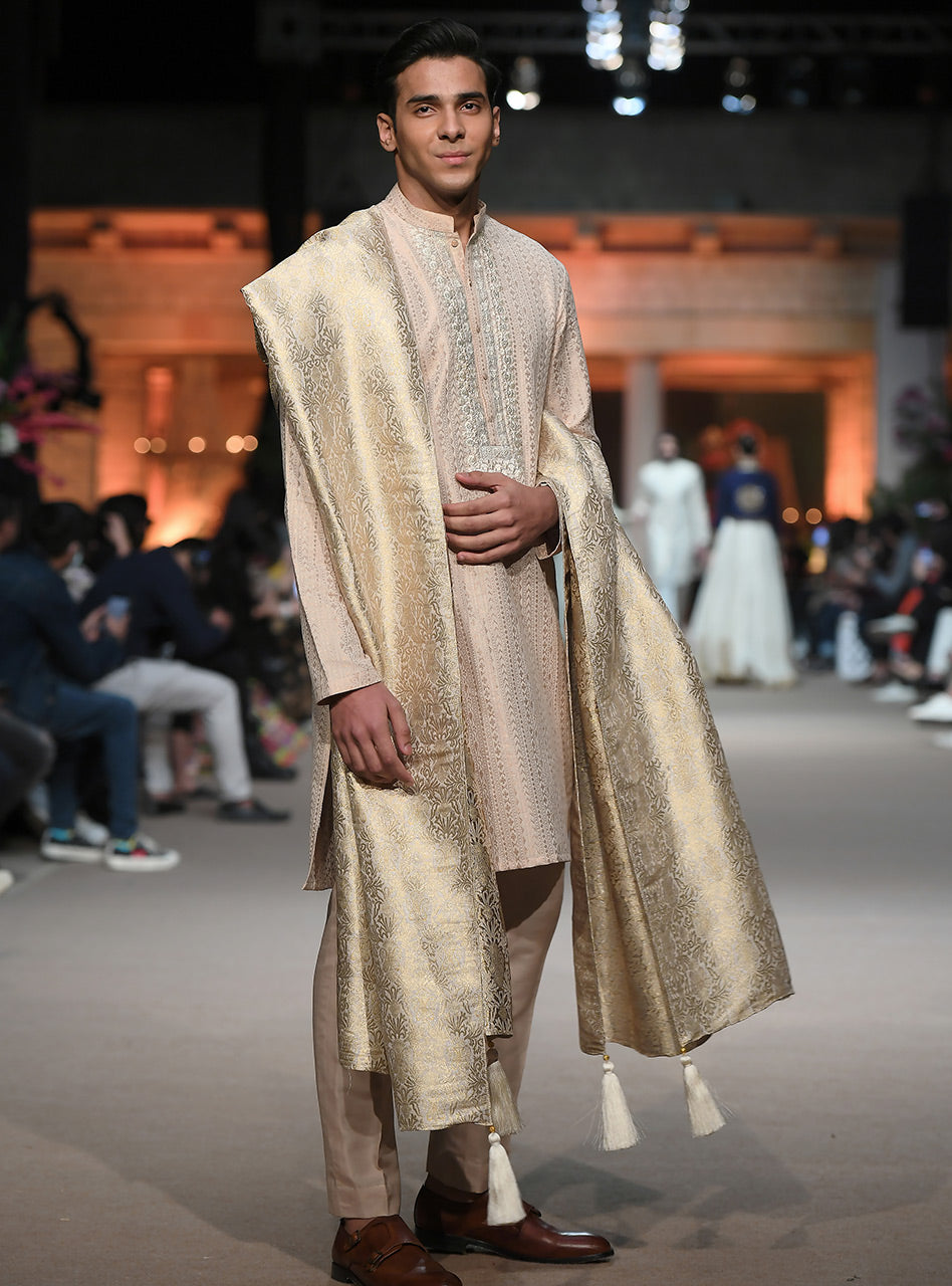 Ivory Embroidered Jacquard Kurta Set (3-Piece) - Image 1