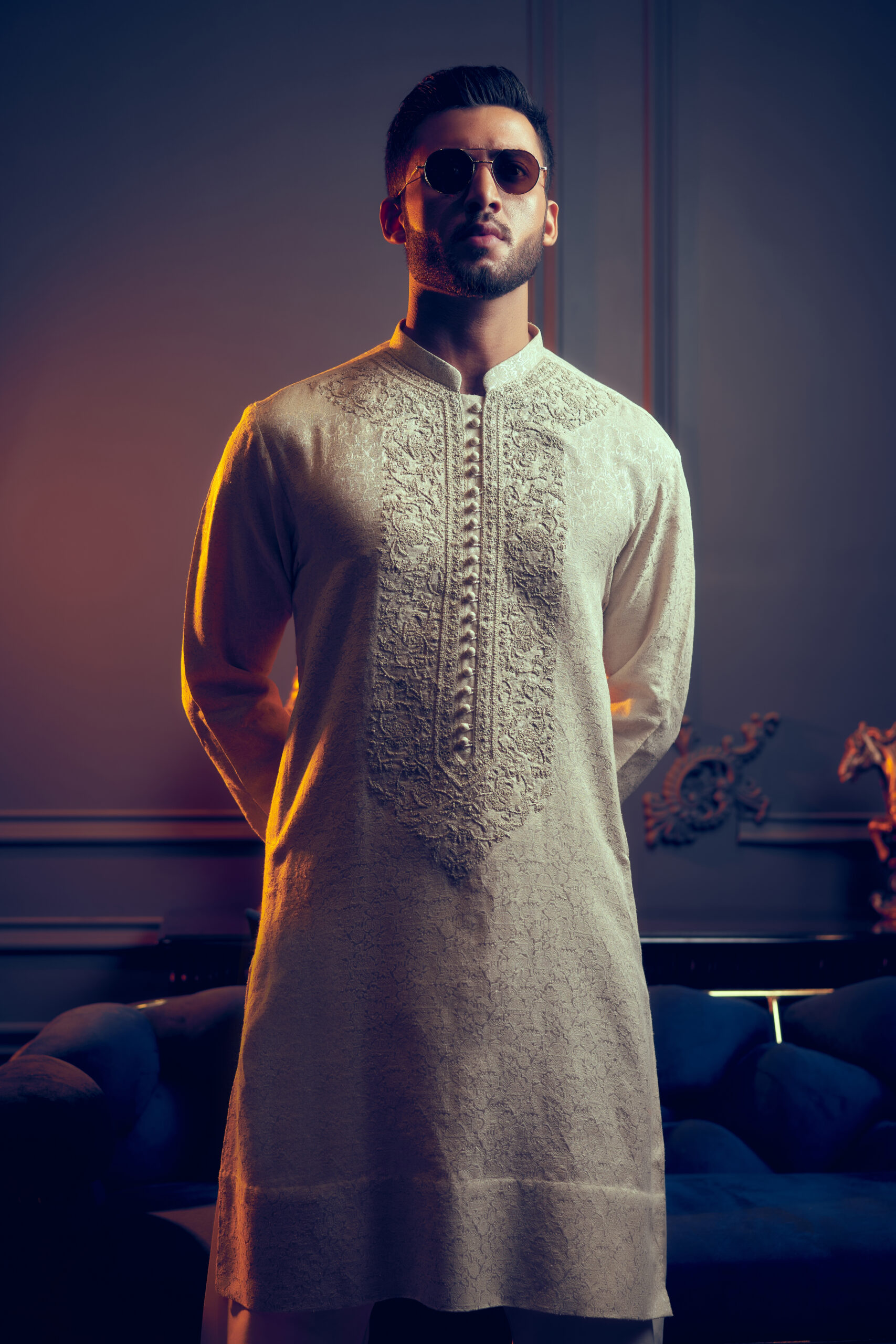 Ivory Embroidered Jacquard Men Kurta (2-Piece) - Image 1