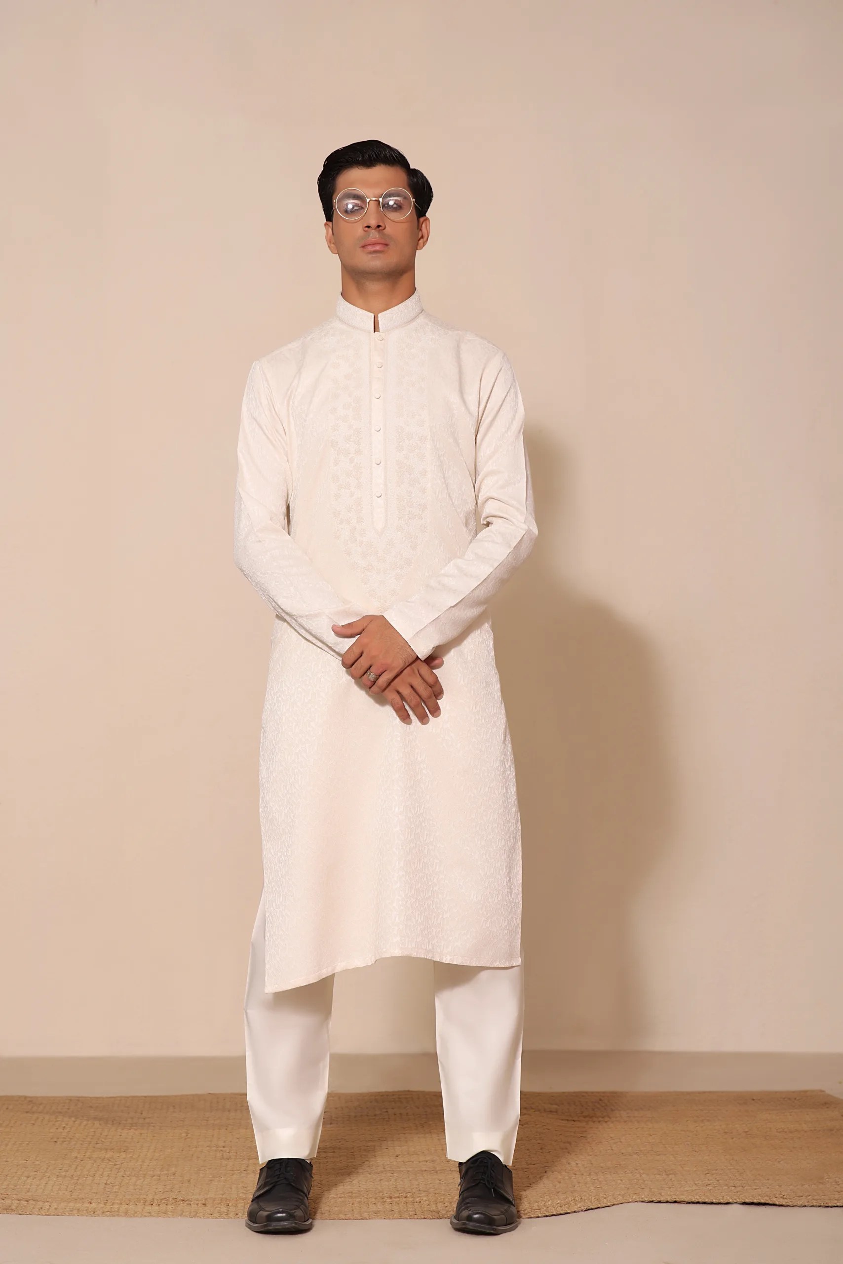 Ivory Embroidered Jacquard Kurta (2-Piece) - Image 2